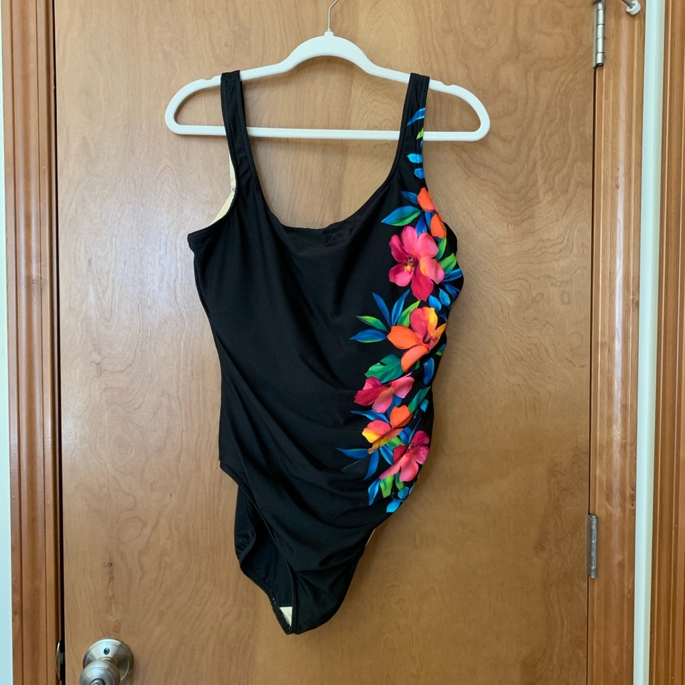 Miraclesuit Black One Piece with Floral Ruching